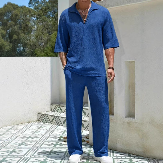 Conjunto Casual de Dos Piezas: Camisa Manga Corta y Pantalón Color Sólido