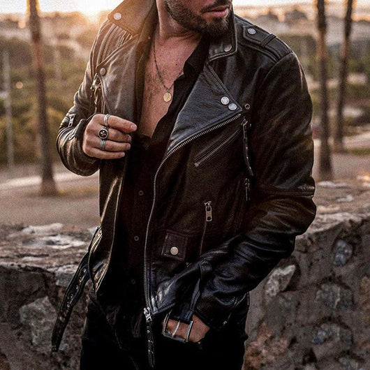 Chaqueta de Cuero para Motociclista Slim Fit con Cuello Alzado - Image 6