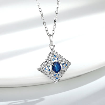 Collar de Plata S925 con Zafiro Natural - Diseño Geométrico Hueco Retro Elegante