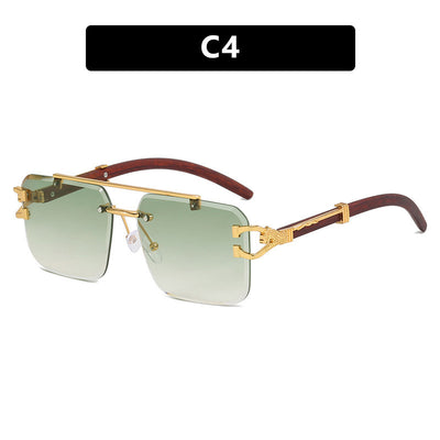 Pink gradient frameless square sunglasses with a double beam, gold-tone hardware, and dark wood-look temples. - Image 8