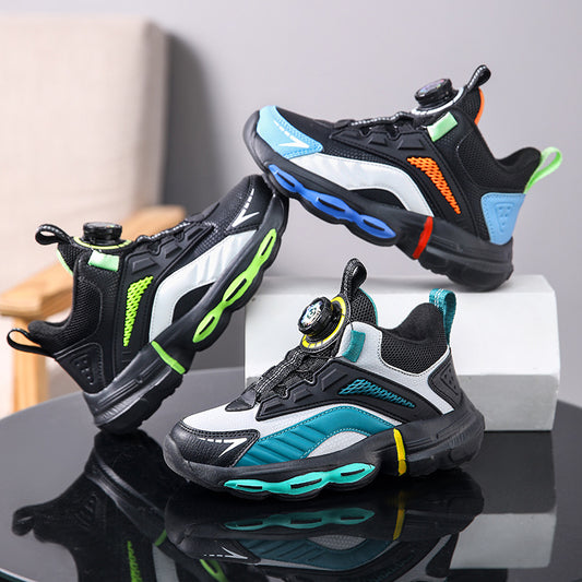 Black, white, and neon green children's basketball shoes with rotating buckle closure, featuring a mid-top design.