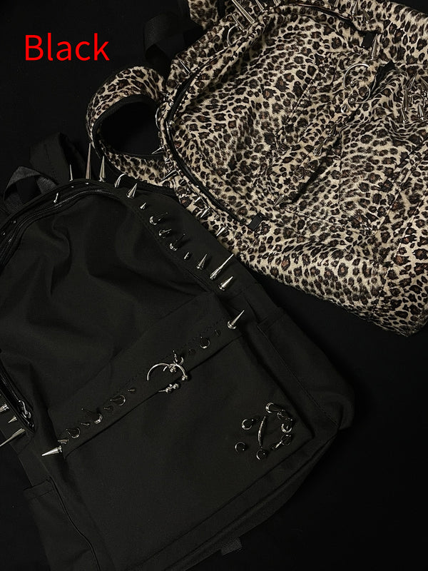 Mochila Punk Estampado Leopardo con Tachuelas - Diseño Europeo Americano Negro