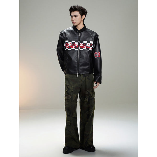 Chaqueta de Cuero Estilo Retro Americano con Detalles de Tartán