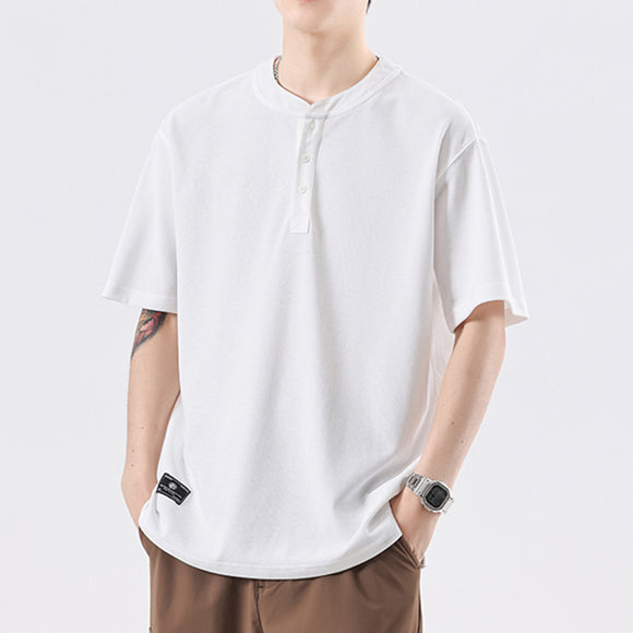 Playera Cuello Henley Básica de Color Sólido para Verano