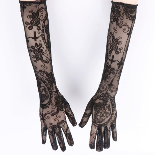 Guantes Largos de Encaje con Calavera para Disfraz de Halloween