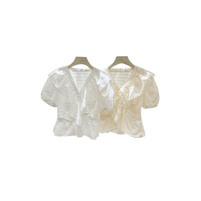 Blusa Escote V Manga Corta con Borde Texturizado - Diseño Sofisticado para Mujer - Image 11