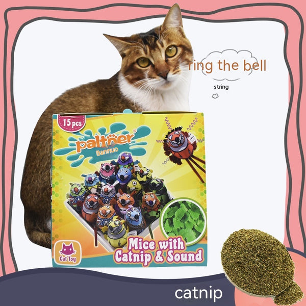 Fifteen colorful plush mouse cat toys with unique patterns and designs, some with bells, displayed in a white tray.