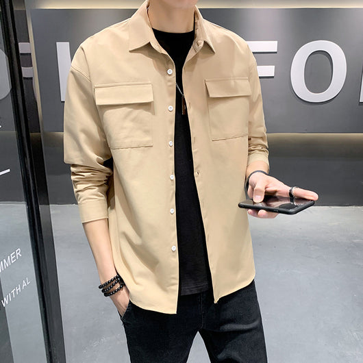 Camisa Holgada de Manga Larga con Bolsillos - Colores Sólidos para Hombre - Image 10