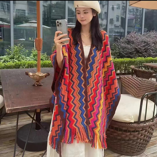 Rebozo Étnico Geométrico con Patrón Wave - Tejido Grueso y Cálido para Viajes