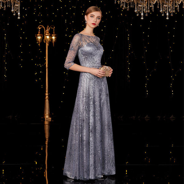Vestido de Noche Largo Gris Plata para Conciertos y Eventos