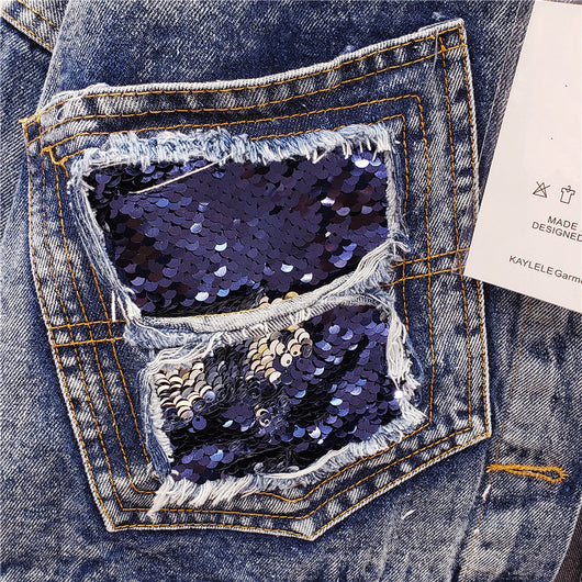 Chaqueta Denim Corta con Lentejuelas para Mujer - Manga Corta Estilo Industrial - Image 10