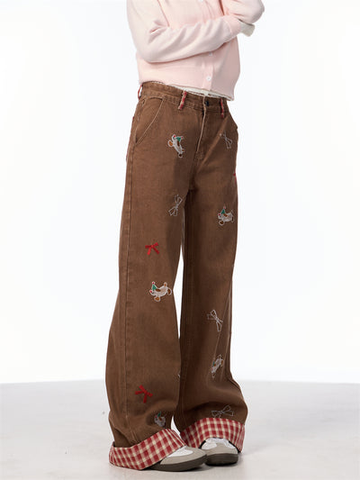Jeans de Pierna Ancha Cintura Alta con Bordado de Moño Vintage - Image 17