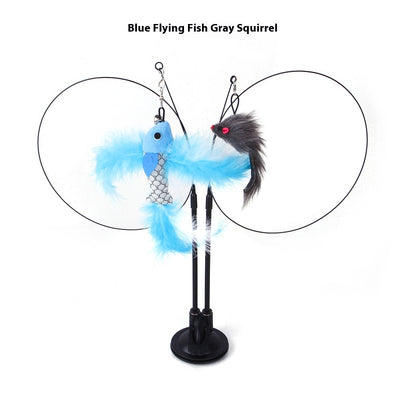 Cat sucker teaser toy with a blue butterfly, gray mouse, and light blue feathers on a black suction cup base. - Image 12