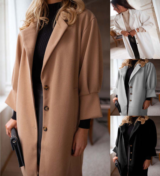 Abrigo de Lana para Mujer con Cuello Solapa y Mangas 3/4 - Otoño e Invierno