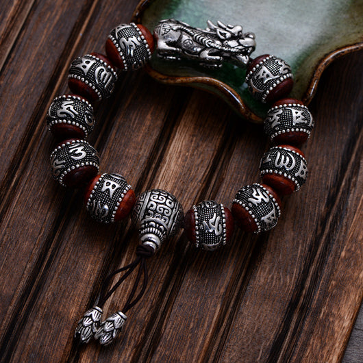 Pulsera Mantra de Plata Pura con Sándalo Rojo Retro - Image 3