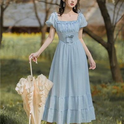 Vestido Vintage de Cintura Alta con Cuello Cuadrado y Mangas Abullonadas Beaded - Image 5