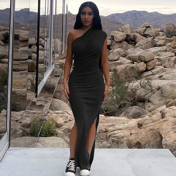 Vestido Largo Ajustado con Pliegues y Abertura Lateral para Mujer