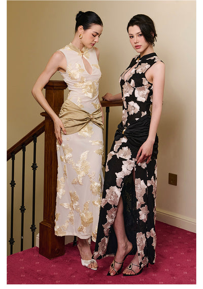 Vestido Elegante Negro con Flores en Malla y Detalles Fruncidos - Image 9