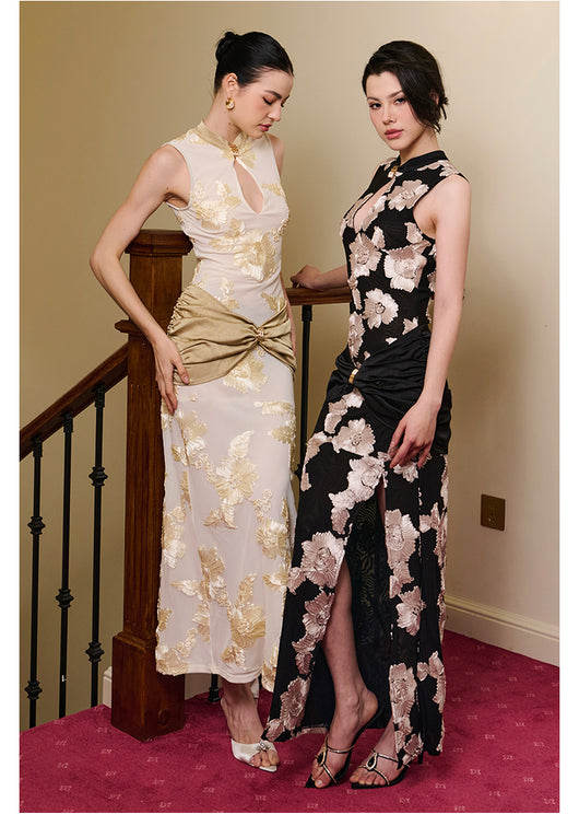 Vestido Elegante Negro con Flores en Malla y Detalles Fruncidos - Image 9