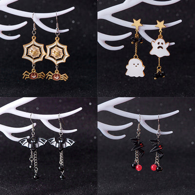 Aretes Asimétricos Halloween Telaraña, Murciélago y Fantasma - Estilo Gótico