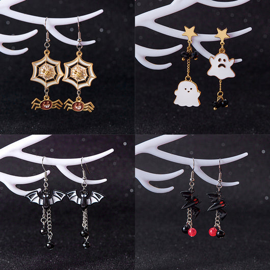 Aretes Asimétricos Halloween Telaraña, Murciélago y Fantasma - Estilo Gótico