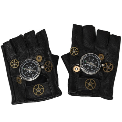 Guantes Steampunk de Cuero Vintage con Brújula - Estilo Retro Medio Dedo - Image 6