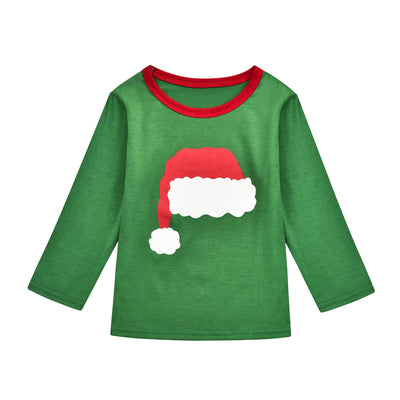 Green Christmas family pajama sets with Santa hat graphic tops and pants featuring reindeer, trees, and snowflakes. - Image 10