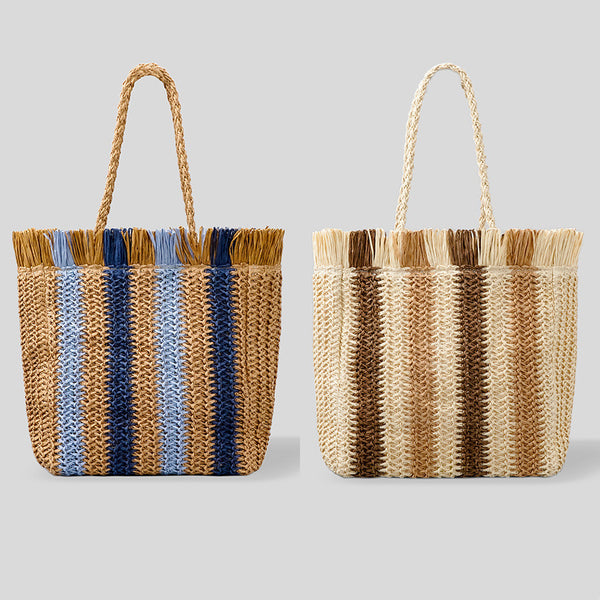 Bolsa Tote Artesanal de Rafia con Rayas y Flecos para Viajes Diarios