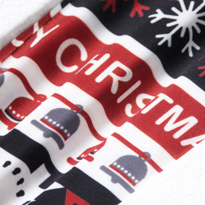 Family of four wearing matching Christmas pajamas with 'MERRY Christmas' text, leopard print, and plaid trees. - Image 10