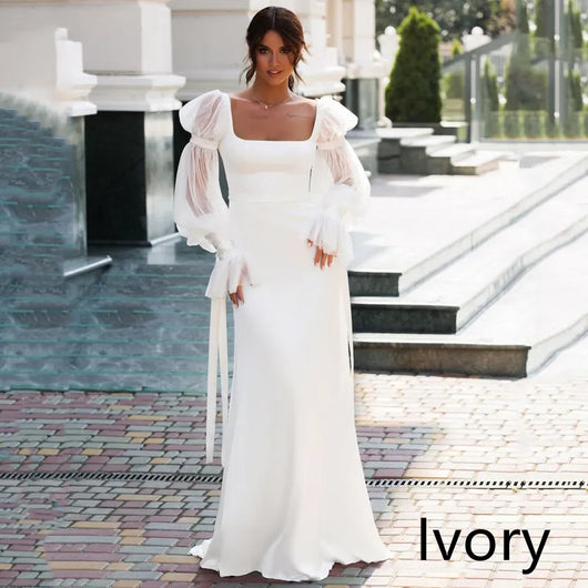 Vestido de Novia Sirena en Satén Elegante con Mangas Puff Largas - Image 9