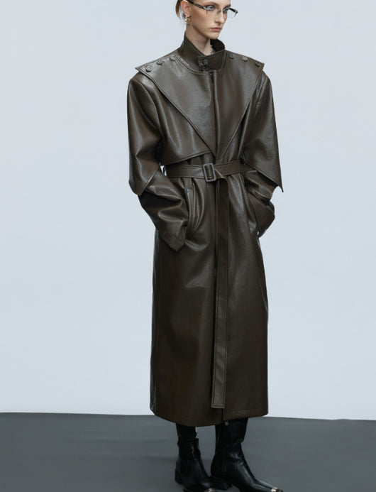 Gabardina Larga con Hebilla de Moneda de Cobre y Cintura Ajustada - Image 5