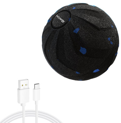 Black textured pet toy ball with blue accents and 'PetZynergy' logo, shown with a white USB-A to USB-C charging cable. - Image 5