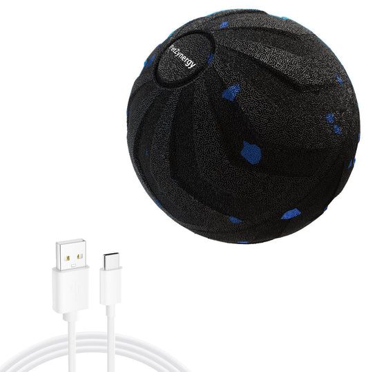 Black textured pet toy ball with blue accents and 'PetZynergy' logo, shown with a white USB-A to USB-C charging cable. - Image 5