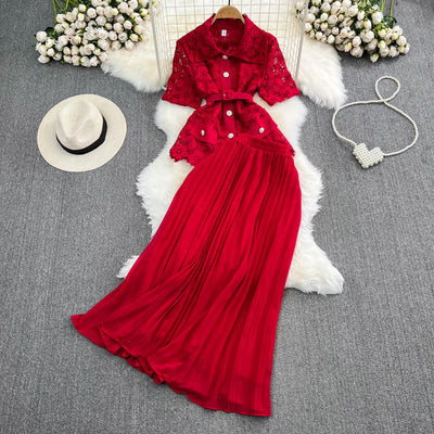 Conjunto Elegante: Blusa Suelta con Encaje y Falda Plisada de Cintura Alta - Image 11
