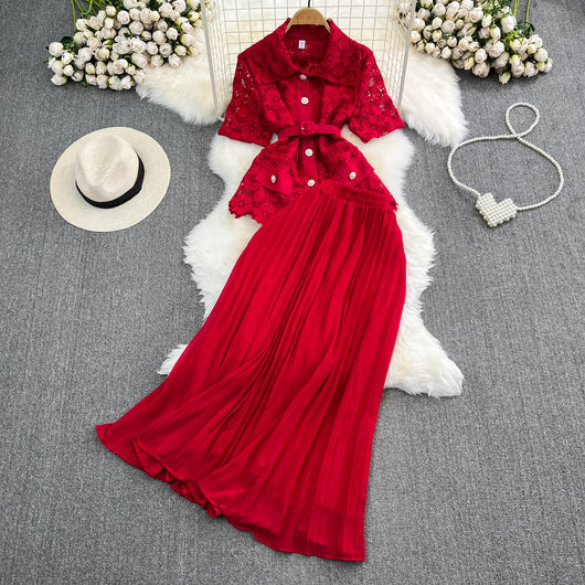 Conjunto Elegante: Blusa Suelta con Encaje y Falda Plisada de Cintura Alta - Image 11