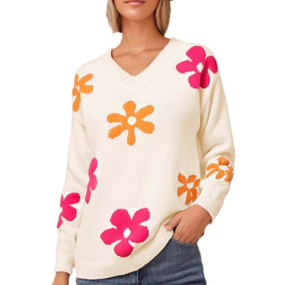 Blusa Casual de Punto con Cuello V y Mangas Largas Estampado Floral - Image 4