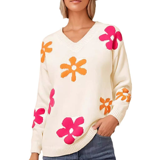 Blusa Casual de Punto con Cuello V y Mangas Largas Estampado Floral - Image 4