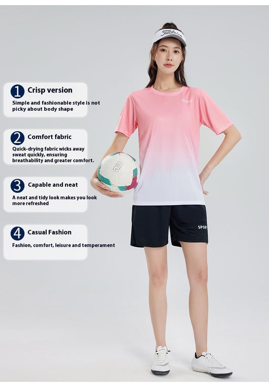 Purple and white gradient short-sleeve t-shirt with 'SPORT' text and black athletic shorts for women. - Image 11