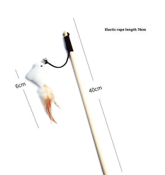Cat teaser toy with a long wooden pole, a striped ball, brown feathers, and a small bell. - Image 18