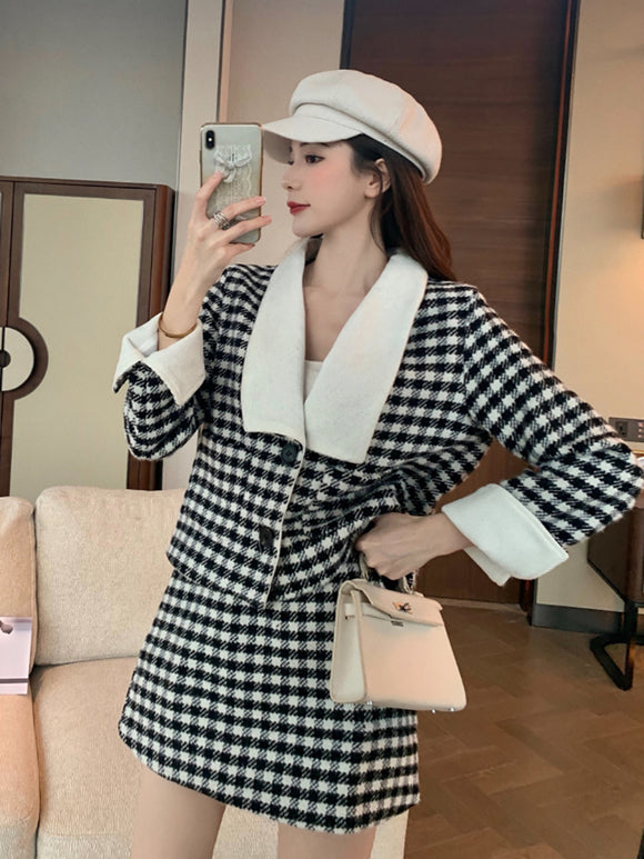 Conjunto Elegante de Abrigo y Falda de Lana Retro
