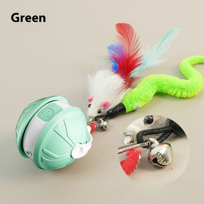 Green and white electric intelligent pet laser toy ball with power button, shown with mouse and worm attachments. - Image 14