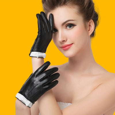 Guantes de Cuero para Mujer con Moño de Piel de Oveja - Image 8
