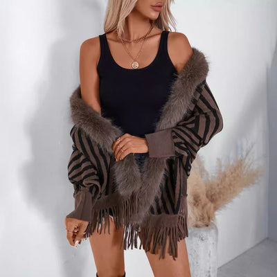 Poncho Tejido de Rayas Otoño Invierno con Flecos Elegante - Image 4