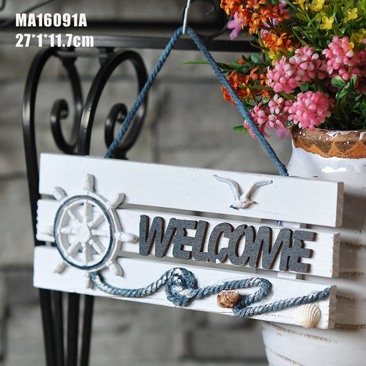 Placa de Bienvenida Mediterránea con Ancla Marina y Timón - Decoración Náutica de Madera - Image 8