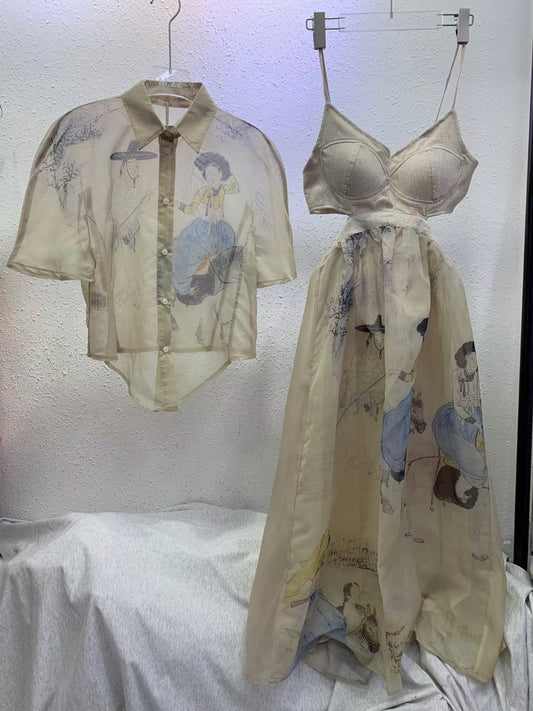 Conjunto Artesanal Dos Piezas: Blusa Chifón Pintada a Mano con Falda Suspender Cintura Alta - Image 2