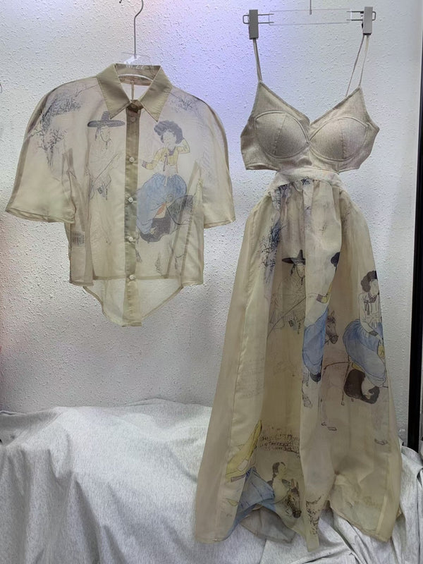 Conjunto Artesanal Dos Piezas: Blusa Chifón Pintada a Mano con Falda Suspender Cintura Alta