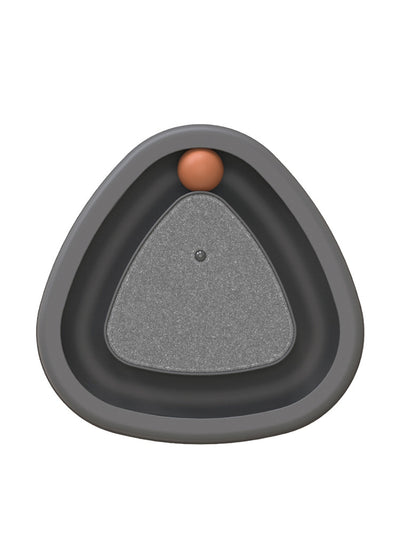 Two-tone green and grey triangle electric cat toy with a rotating feather wand and a ball track on a tiled floor. - Image 2