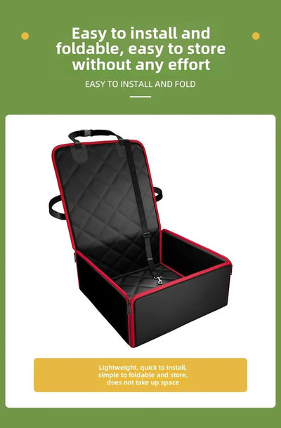 Black quilted pet car seat booster with adjustable straps and a leash attachment, designed for front seat use. - Image 10