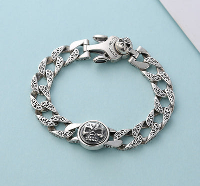 Pulsera de Plata Esterlina para Hombre con Calavera Giratoria y Patrón Retro - Image 8