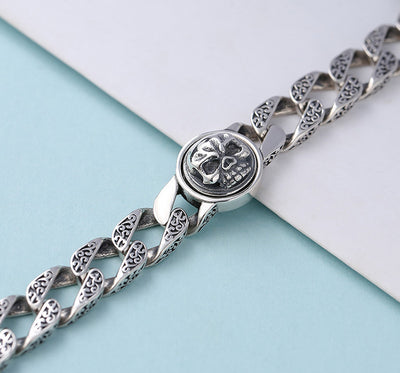 Pulsera de Plata Esterlina para Hombre con Calavera Giratoria y Patrón Retro - Image 16